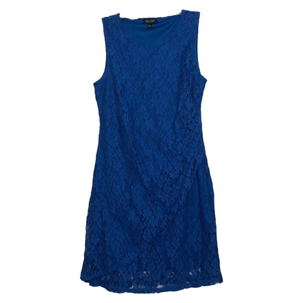 Spense PETITE Blue Lace Sleeveless Scoop Neck Ruched Sheath Dress- Size PL Large